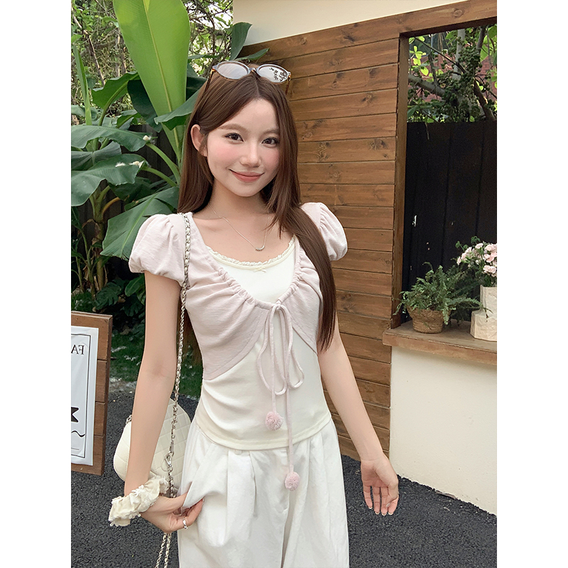 純欲風假兩件綁帶短袖t恤女夏季新款泡泡袖修身顯瘦甜辣妹短上衣