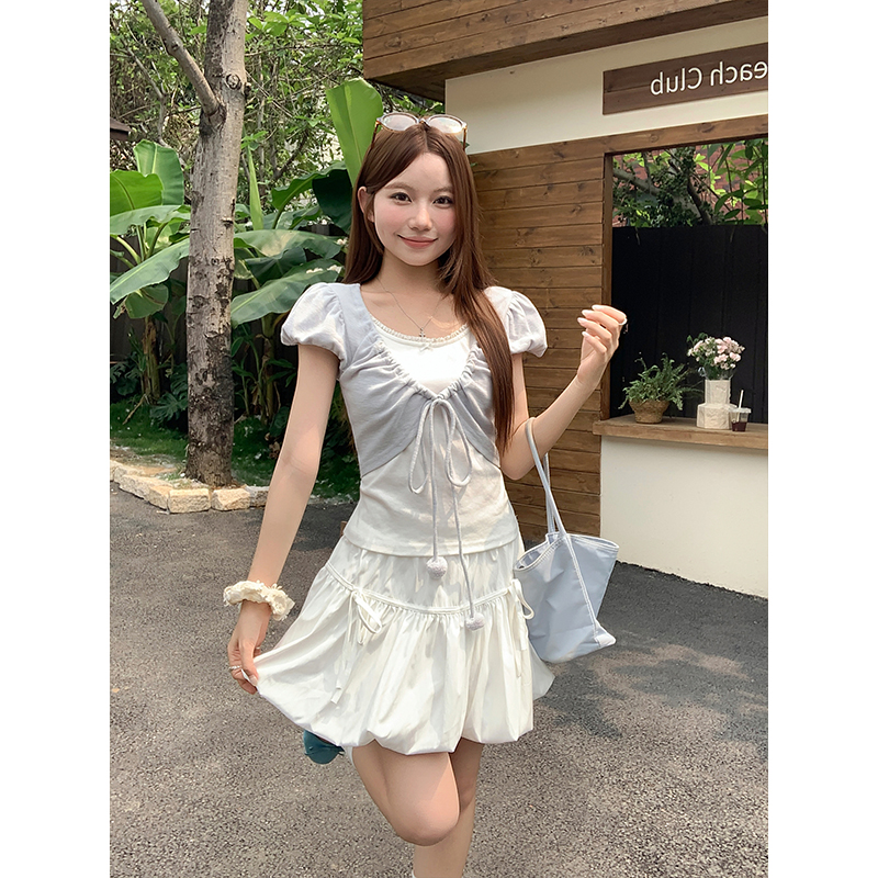 純欲風假兩件綁帶短袖t恤女夏季新款泡泡袖修身顯瘦甜辣妹短上衣