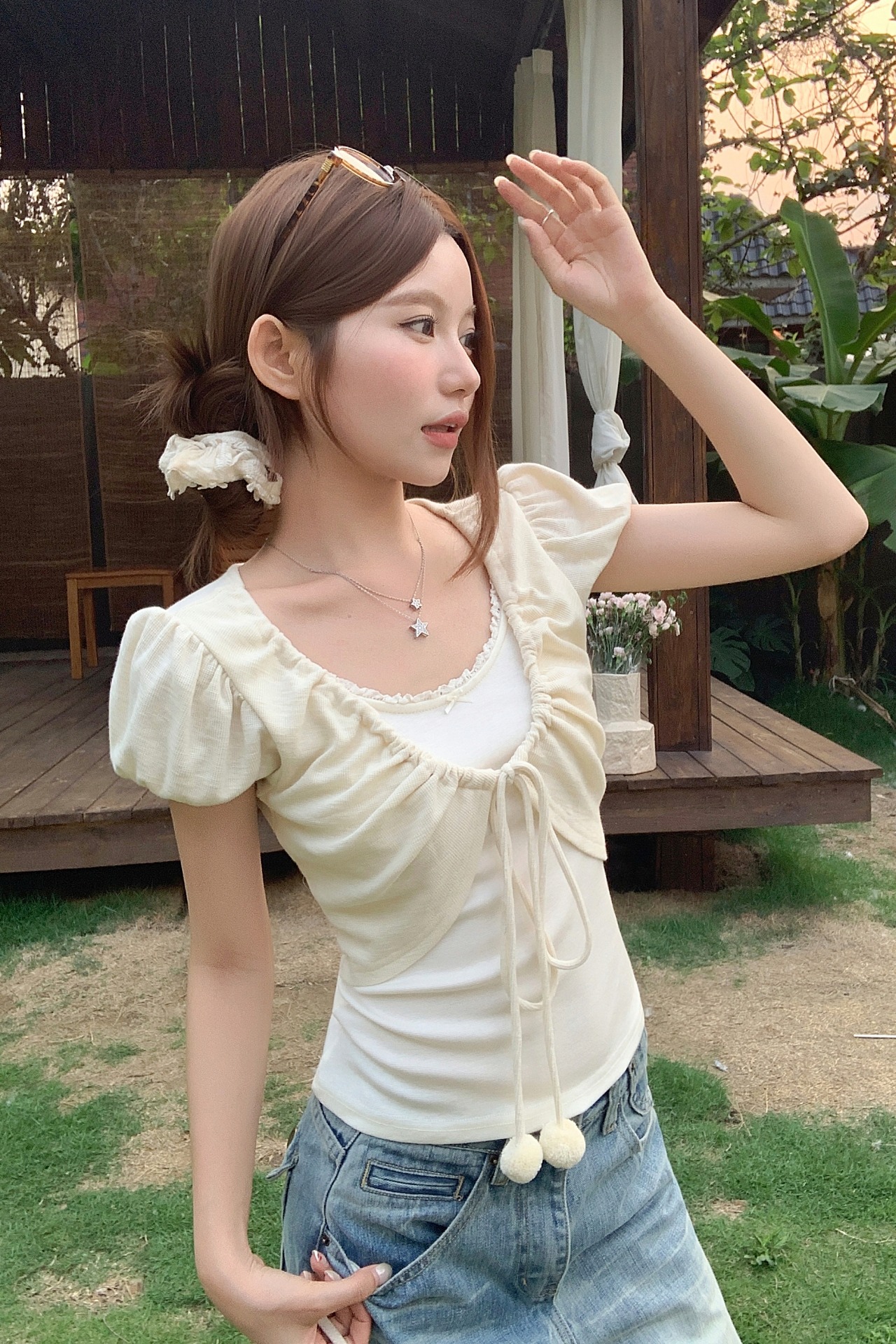 純欲風假兩件綁帶短袖t恤女夏季新款泡泡袖修身顯瘦甜辣妹短上衣