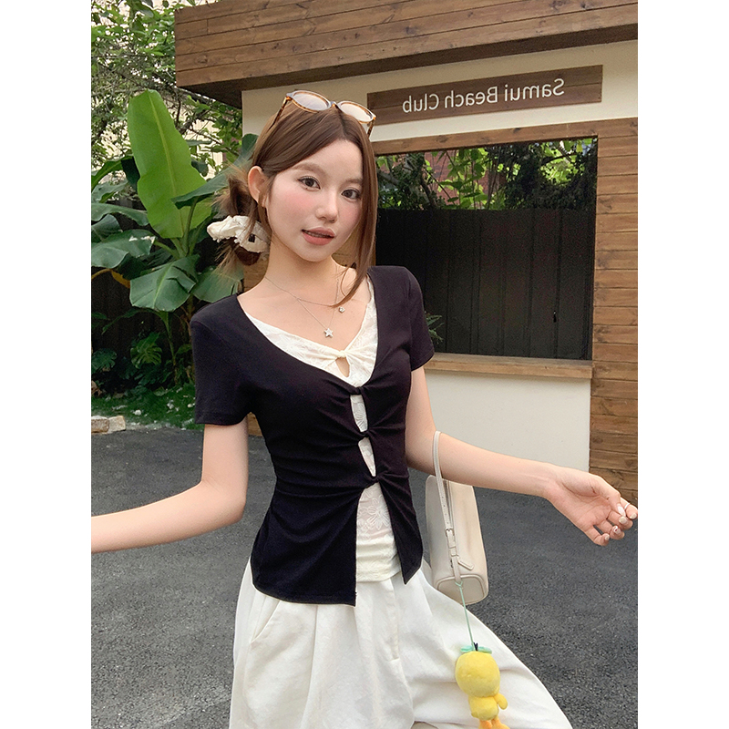 韓系絕美黑色正肩短袖t恤女夏季新款小眾設計感扭結鏤空辣妹上衣