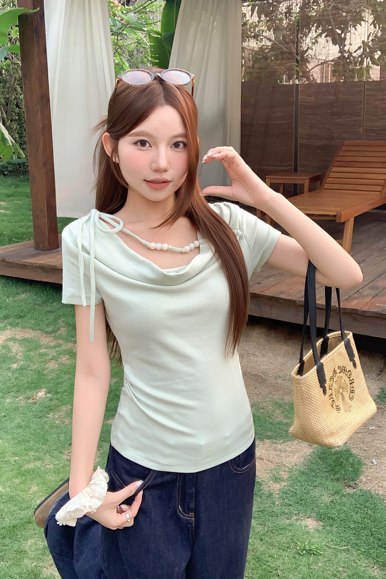 溫柔風蕩領短袖t恤女2026夏季新款串珠抽繩設計修身顯瘦甜辣上衣