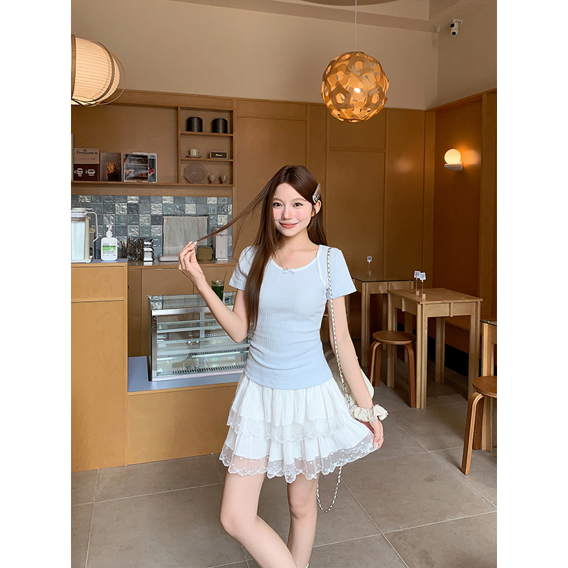 韓系溫柔風坑條短袖t恤女夏季新款蝴蝶結撞色修身顯瘦氣質短上衣