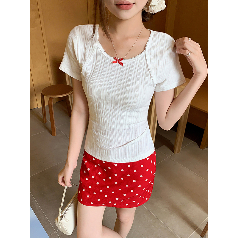 韓系溫柔風坑條短袖t恤女夏季新款蝴蝶結撞色修身顯瘦氣質短上衣