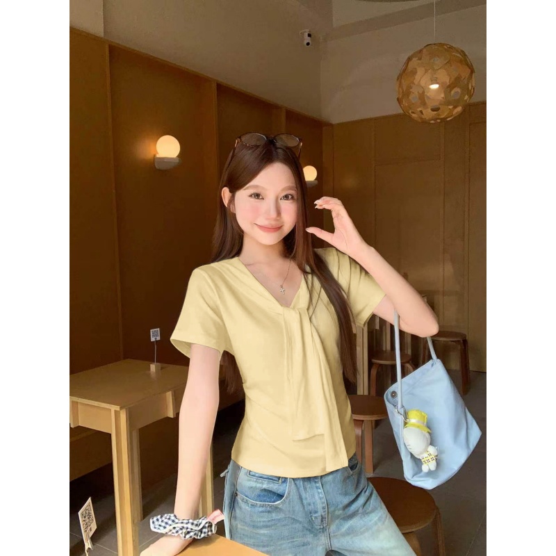純欲風v領飄帶短袖t恤女2026夏季新款韓系收腰顯瘦設計感白色上衣