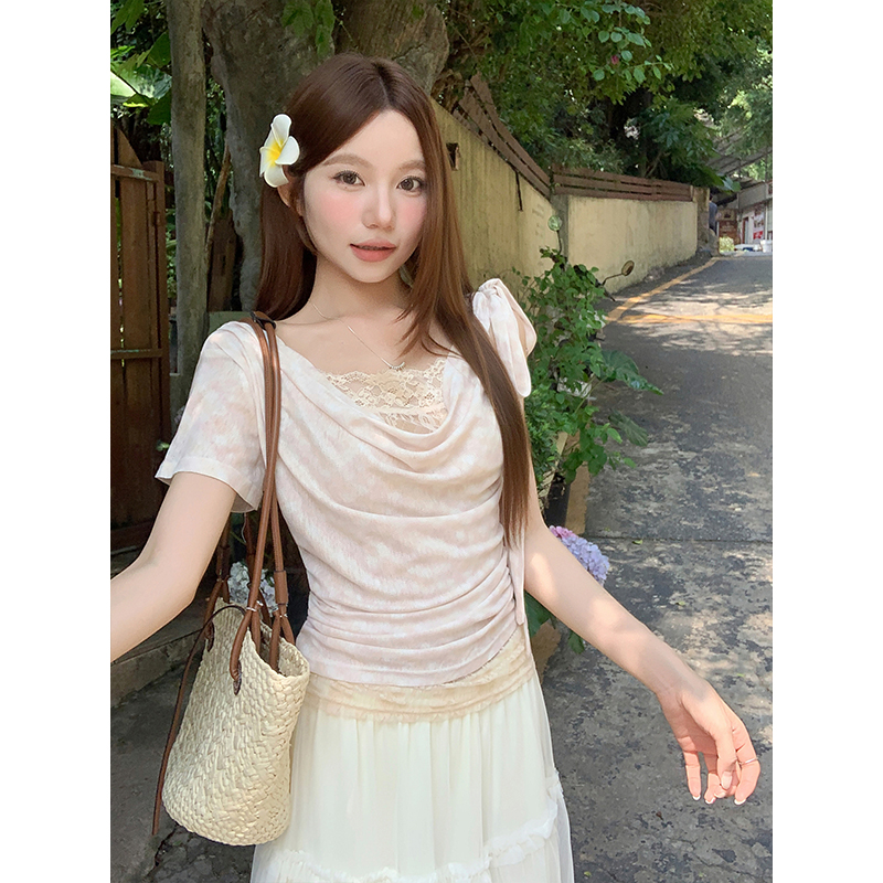 韓系純欲蕩領蕾絲拼接t恤女夏季新款修身顯瘦不規則短袖百搭上衣