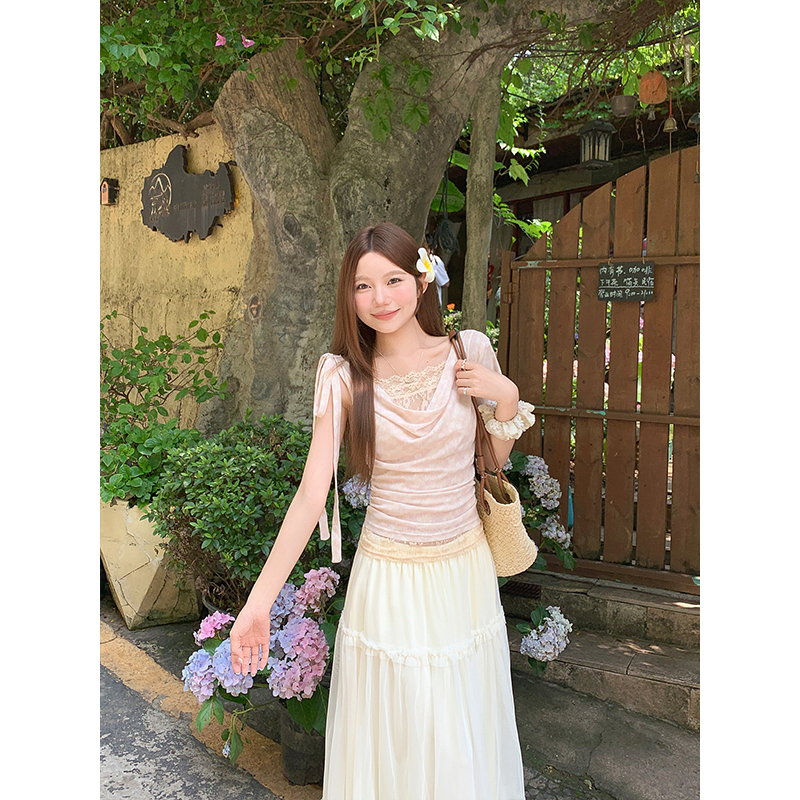純欲風蕩領綁帶蕾絲短袖t恤女夏季新款假兩件收腰顯瘦辣妹短上衣