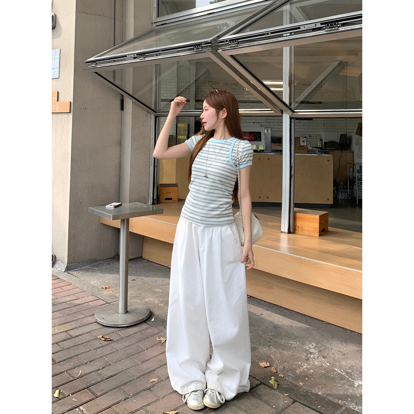韓系減齡條紋兩件套t恤女夏季新款撞色包邊圓領修身顯瘦百搭上衣