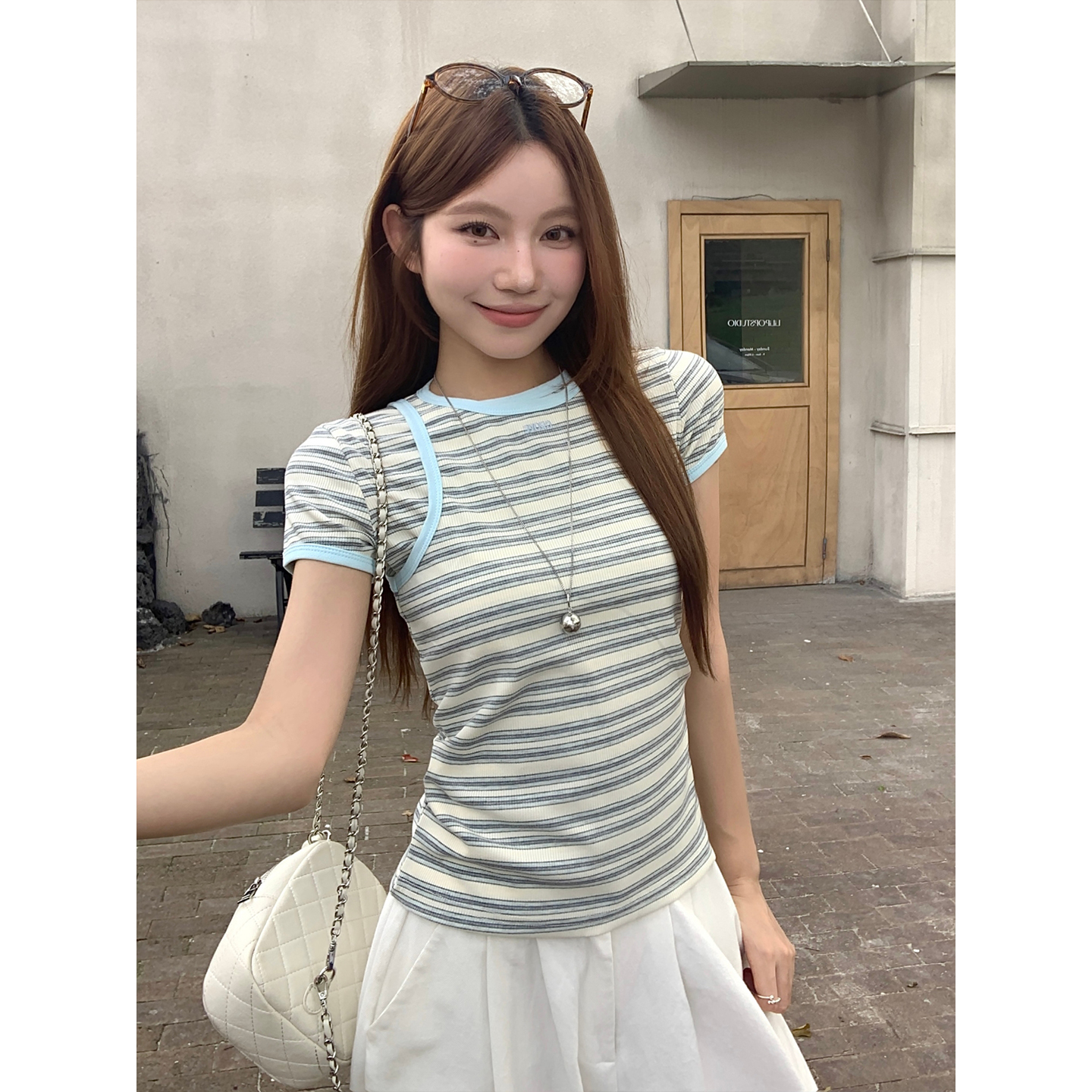 韓系減齡條紋兩件套t恤女夏季新款撞色包邊圓領修身顯瘦百搭上衣