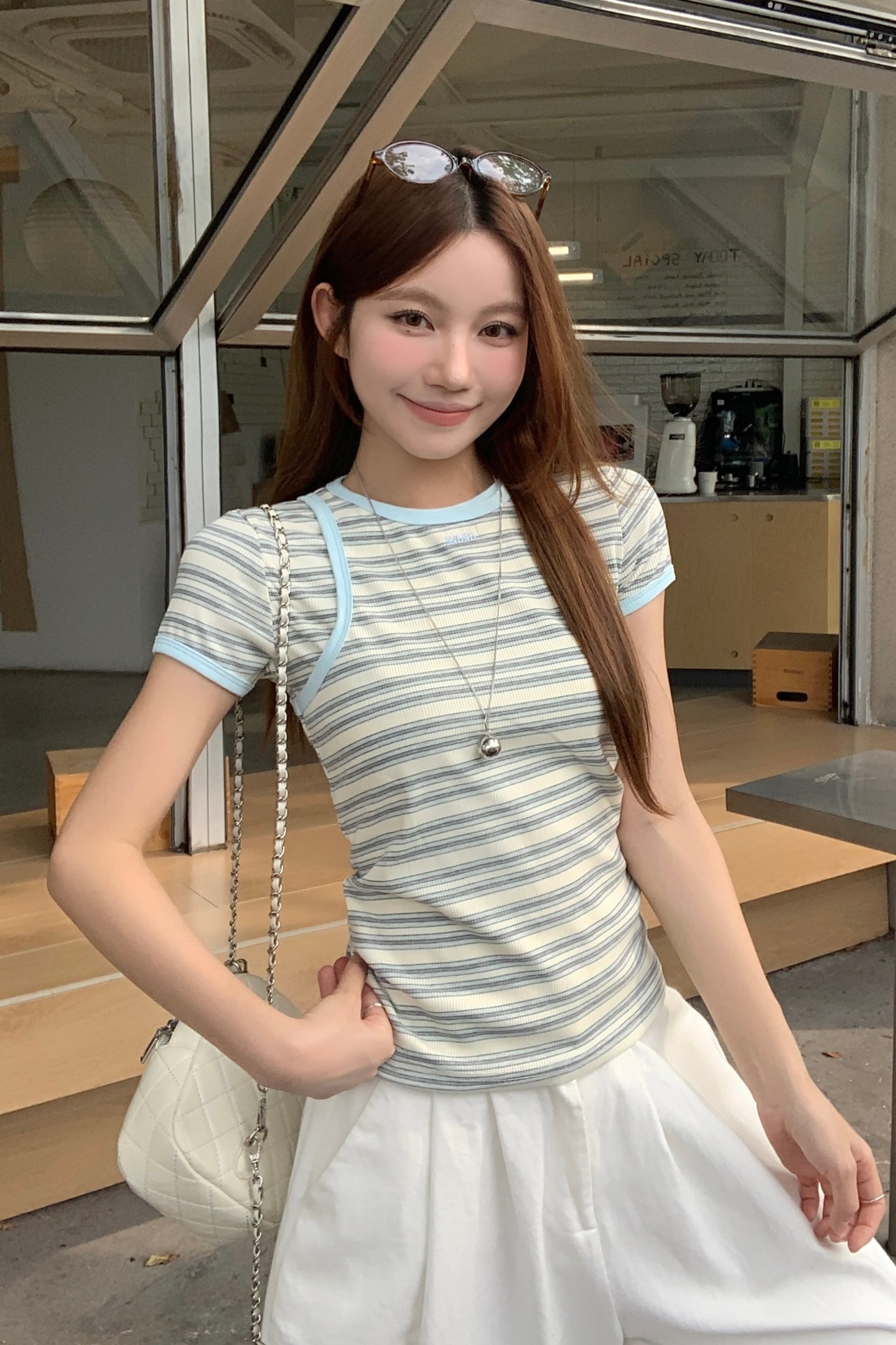 韓系減齡條紋兩件套t恤女夏季新款撞色包邊圓領修身顯瘦百搭上衣
