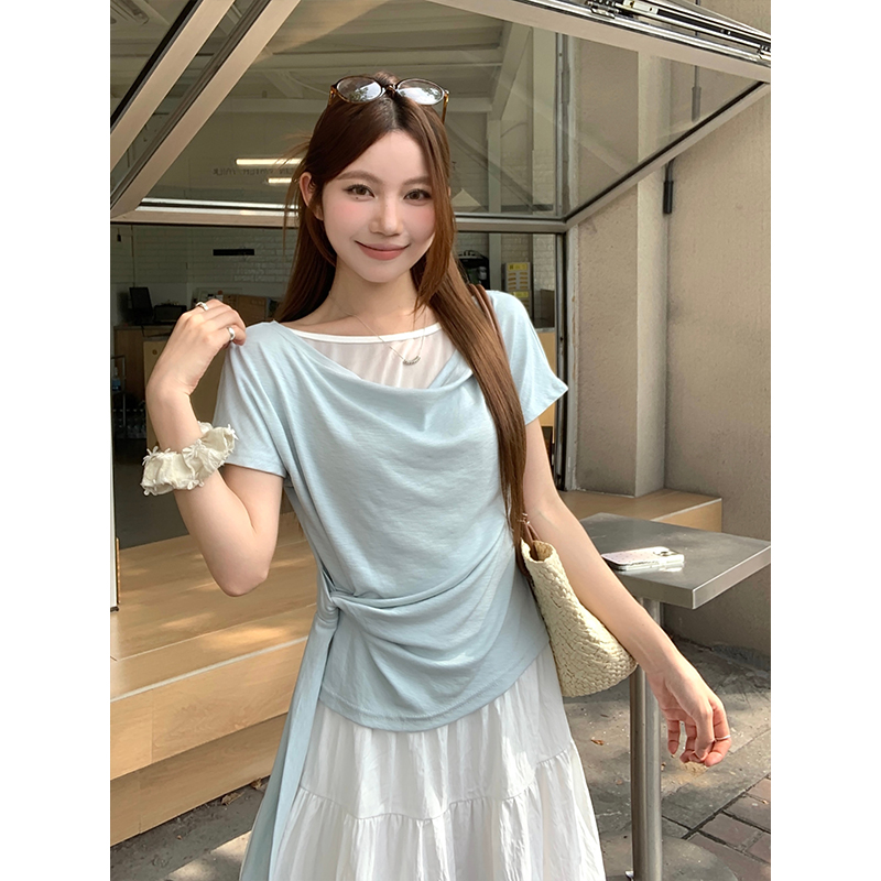 假兩件蕩領短袖t恤女夏季新款韓系辣妹風收腰綁帶顯瘦設計感上衣