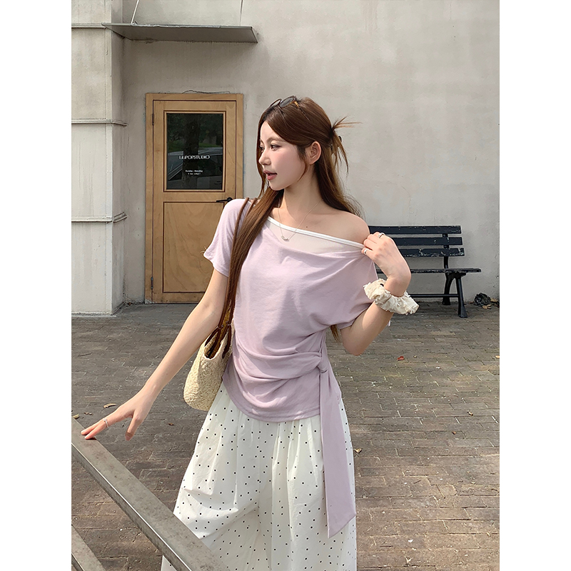 假兩件蕩領短袖t恤女夏季新款韓系辣妹風收腰綁帶顯瘦設計感上衣