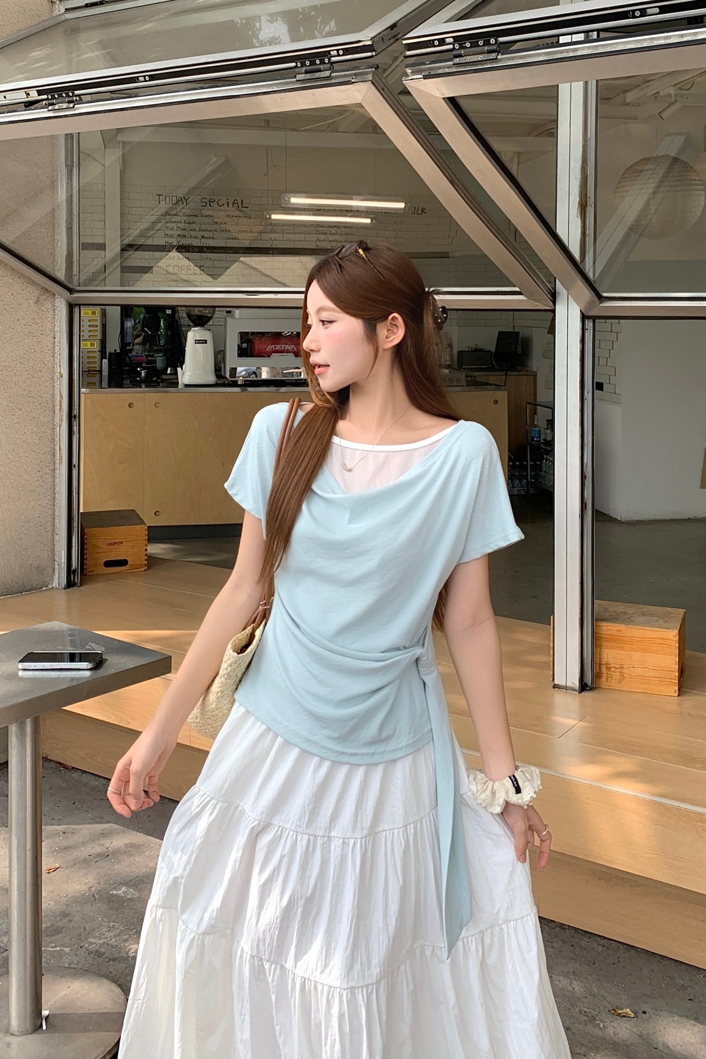 假兩件蕩領短袖t恤女夏季新款韓系辣妹風收腰綁帶顯瘦設計感上衣
