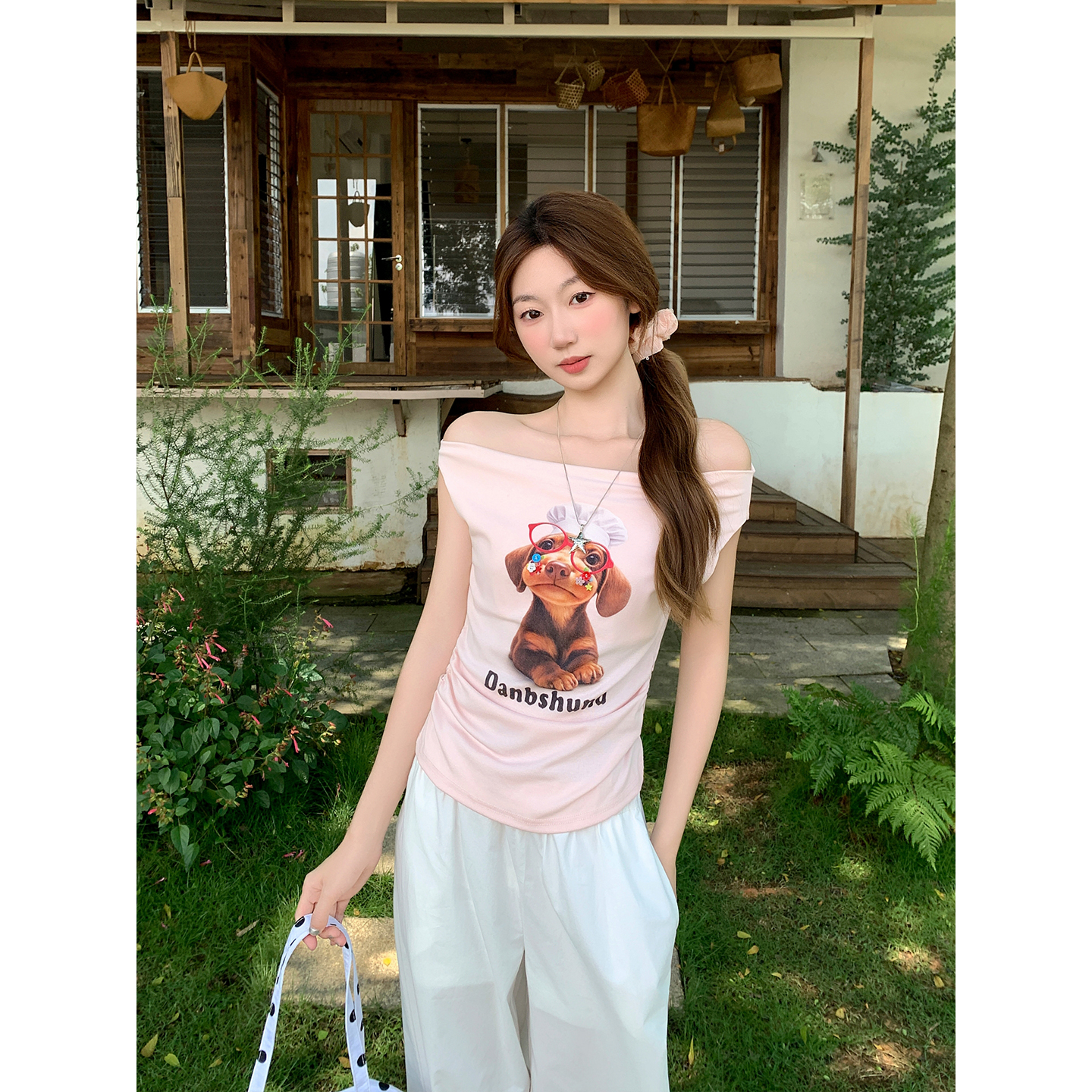 甜辣妹一字領卡通印花無袖t恤女夏季新款收腰顯瘦露肩絕美小上衣