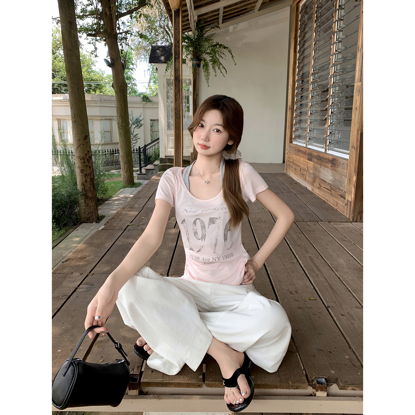 純欲風假兩件掛脖短袖t恤女夏季字母印花修身顯瘦別致超好看上衣