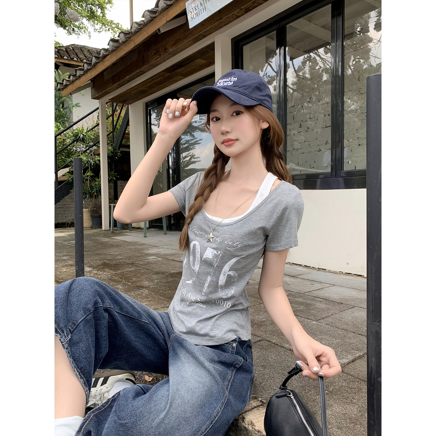 純欲風假兩件掛脖短袖t恤女夏季字母印花修身顯瘦別致超好看上衣
