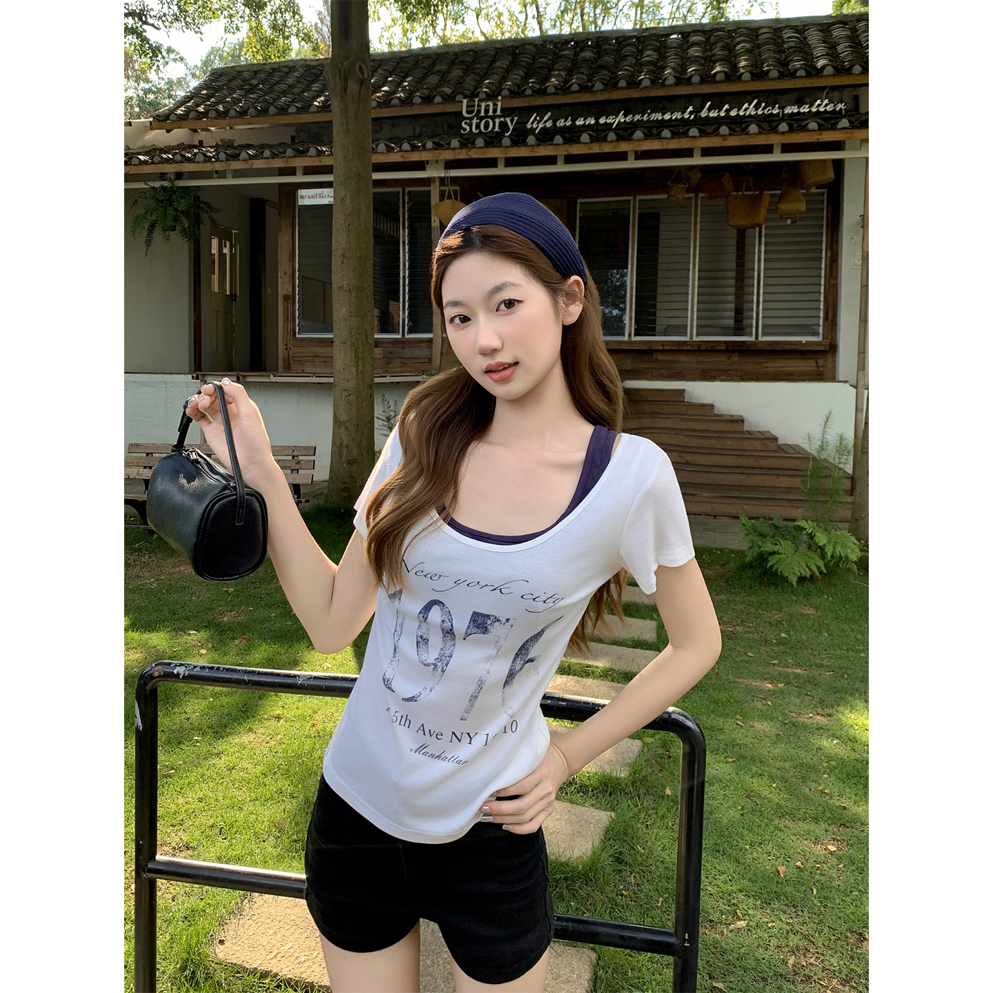 純欲風假兩件掛脖短袖t恤女夏季字母印花修身顯瘦別致超好看上衣