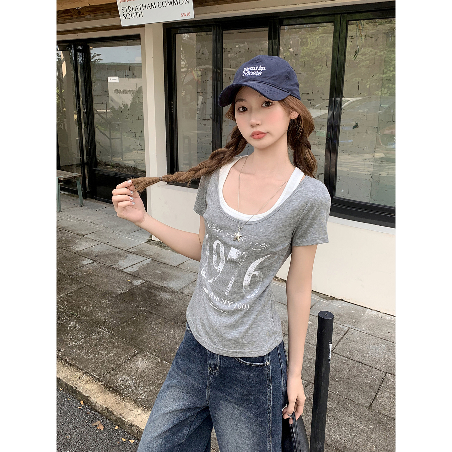 純欲風假兩件掛脖短袖t恤女夏季字母印花修身顯瘦別致超好看上衣