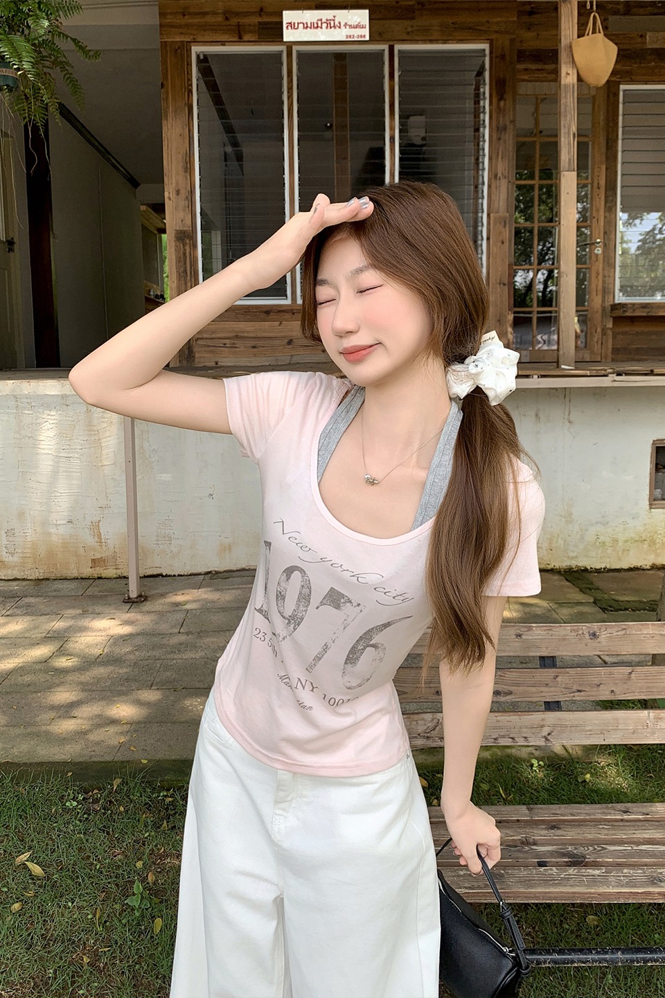 純欲風假兩件掛脖短袖t恤女夏季字母印花修身顯瘦別致超好看上衣