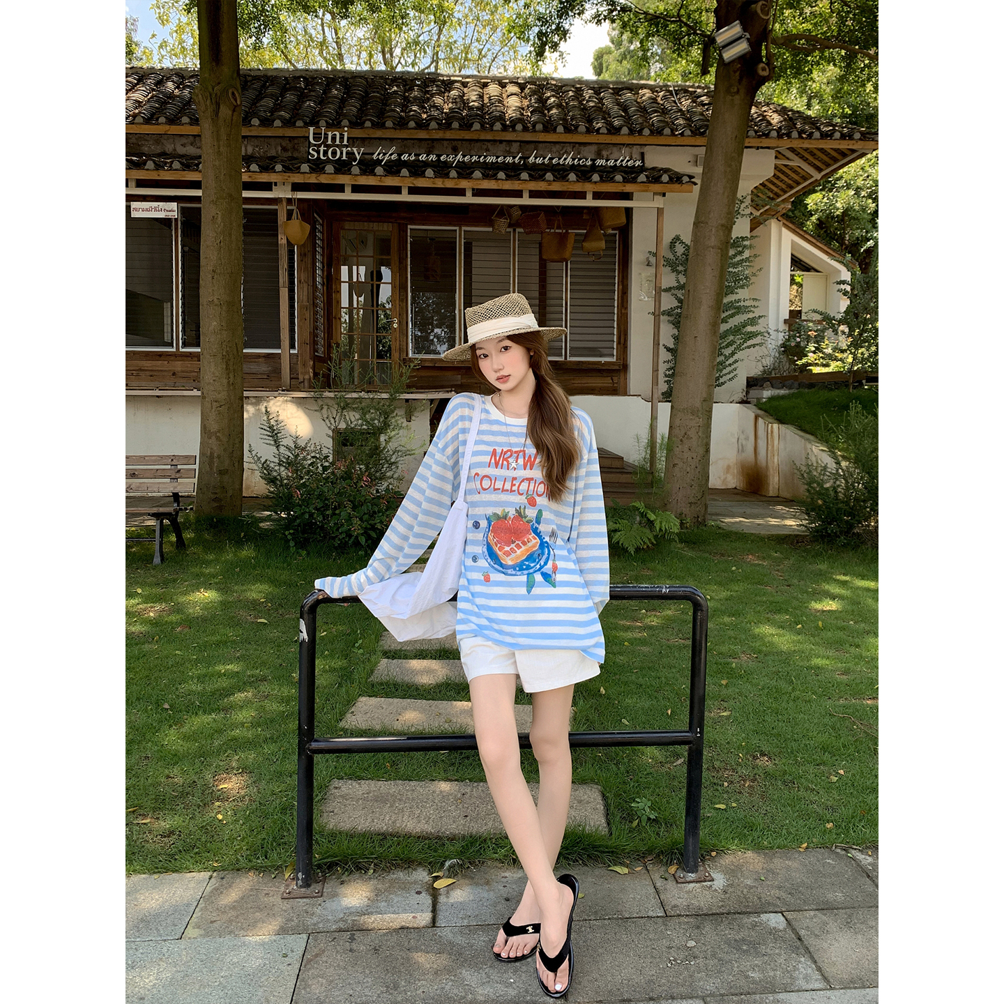 韓系撞色條紋印花長袖防曬罩衫t恤女夏季薄款寬松慵懶風減齡上衣