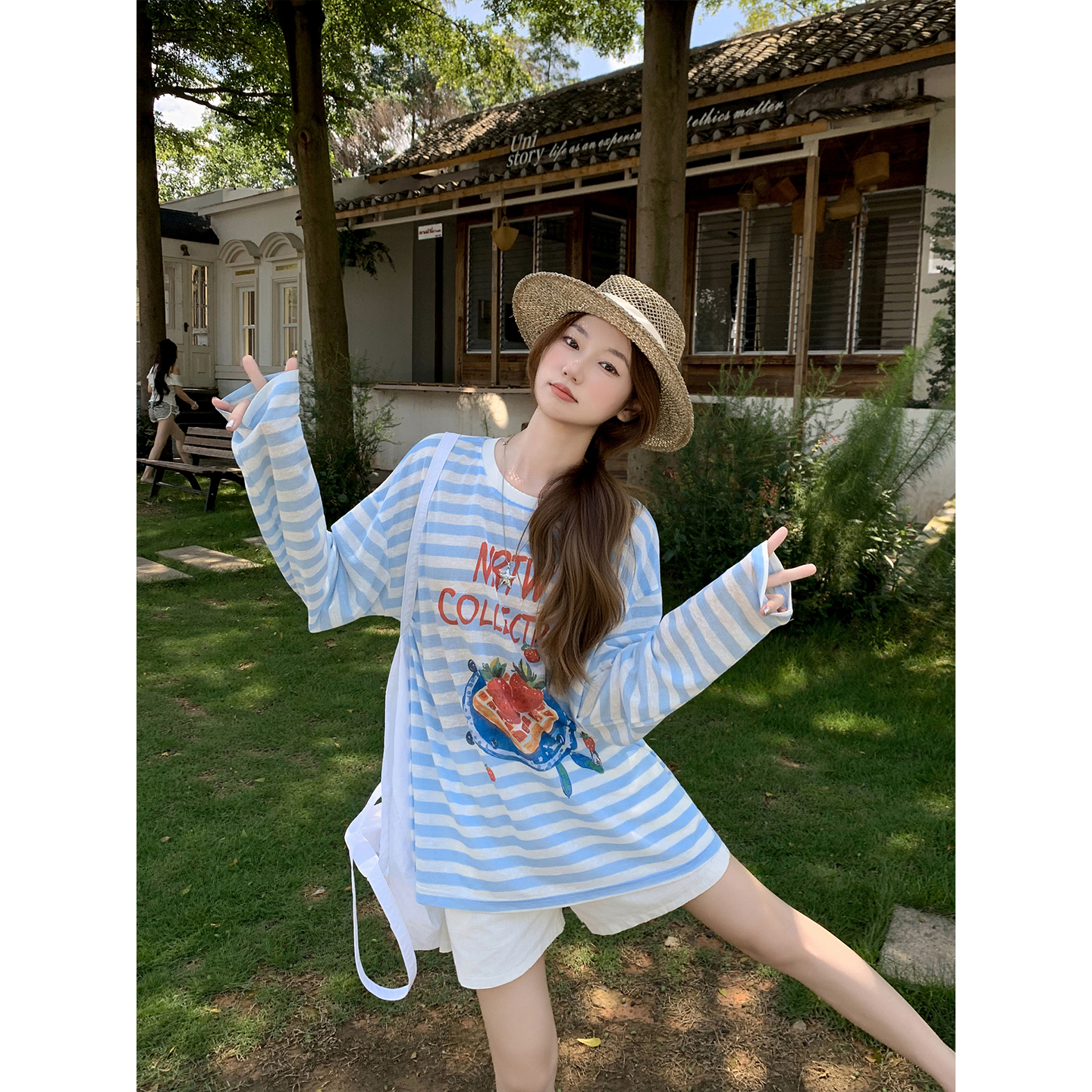 韓系撞色條紋印花長袖防曬罩衫t恤女夏季薄款寬松慵懶風減齡上衣