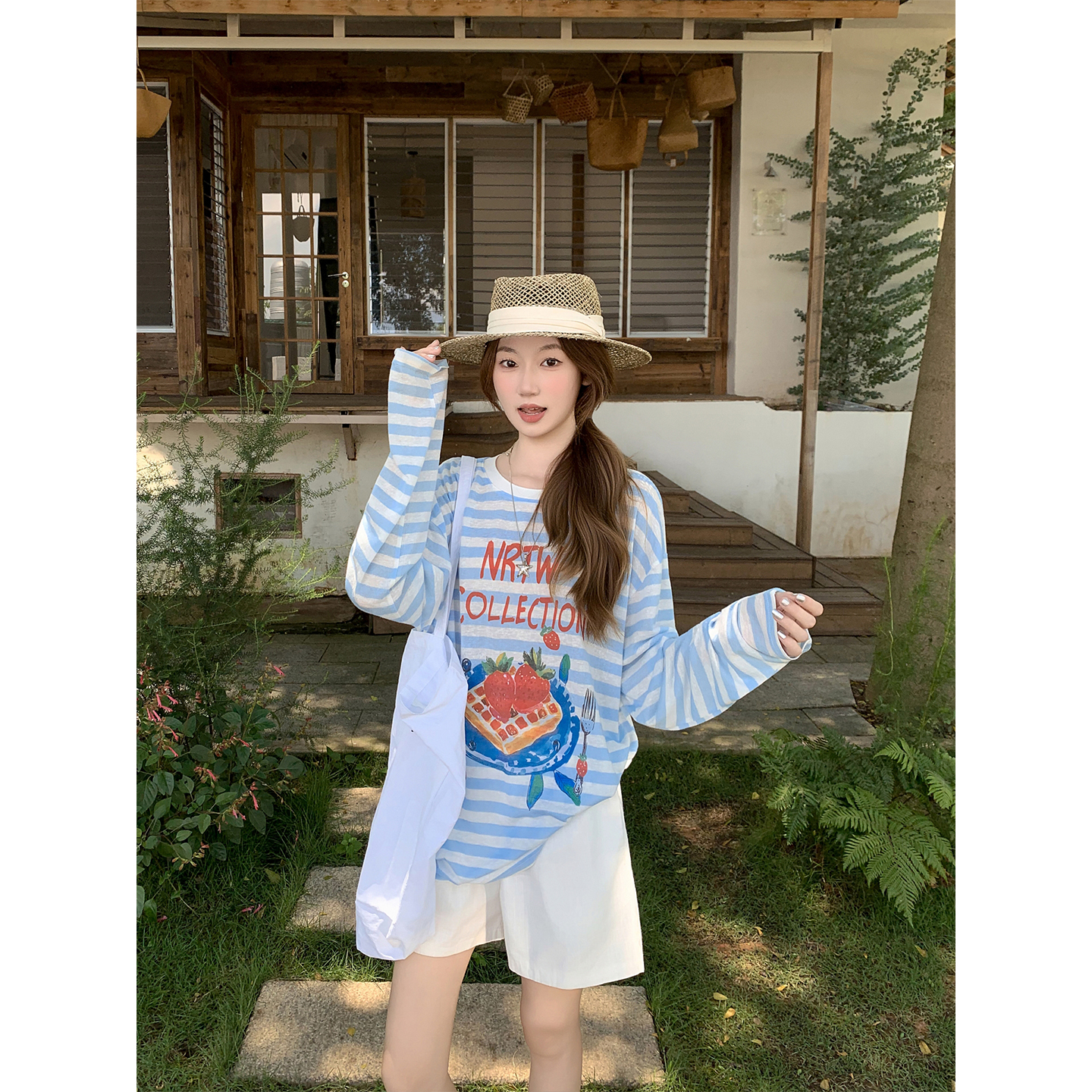 韓系撞色條紋印花長袖防曬罩衫t恤女夏季薄款寬松慵懶風減齡上衣