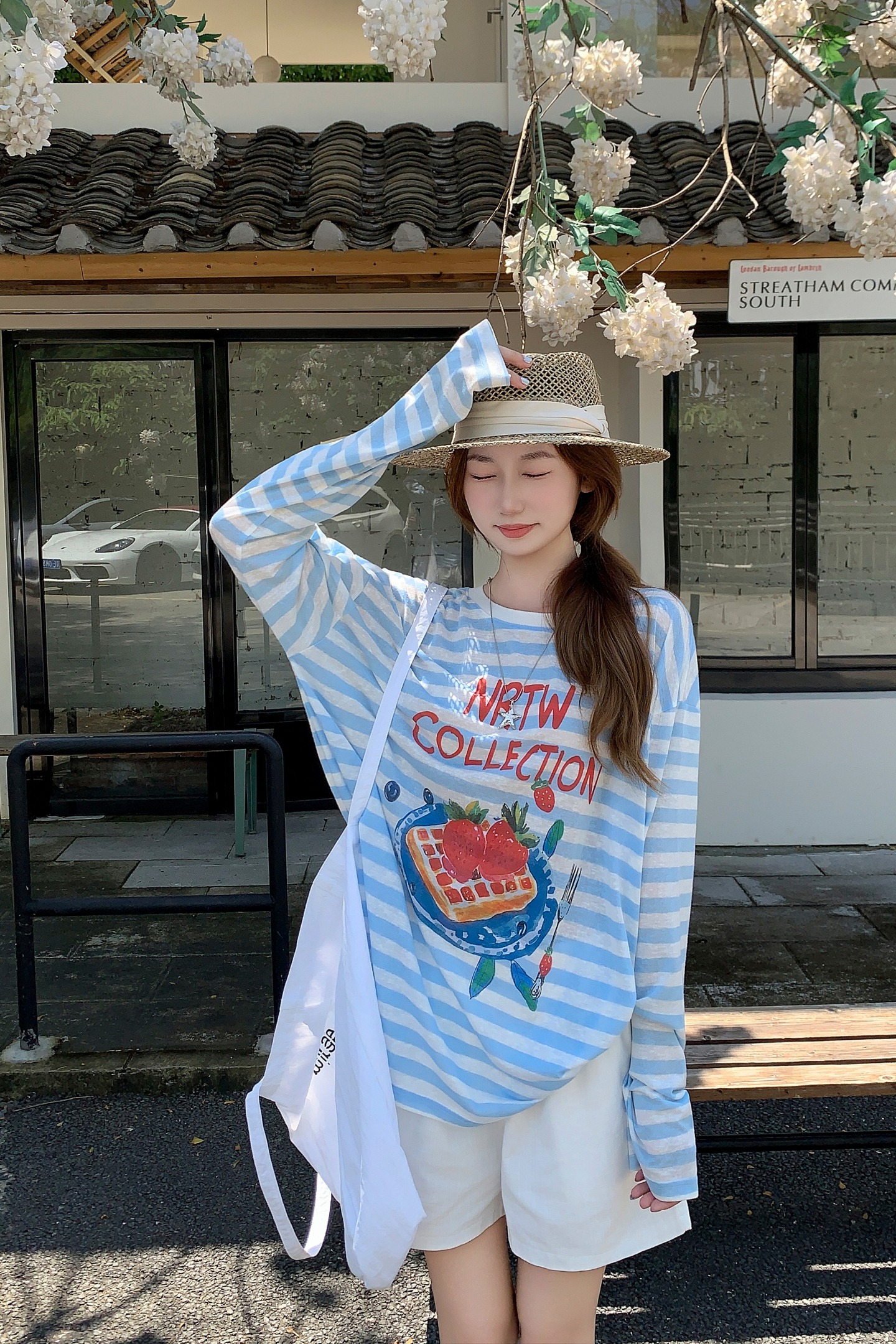 韓系撞色條紋印花長袖防曬罩衫t恤女夏季薄款寬松慵懶風減齡上衣