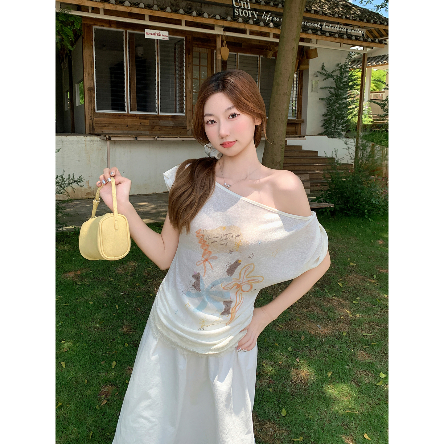 韓系辣妹風露肩短袖t恤女夏季新款復古手繪涂鴉印花斜領百搭上衣