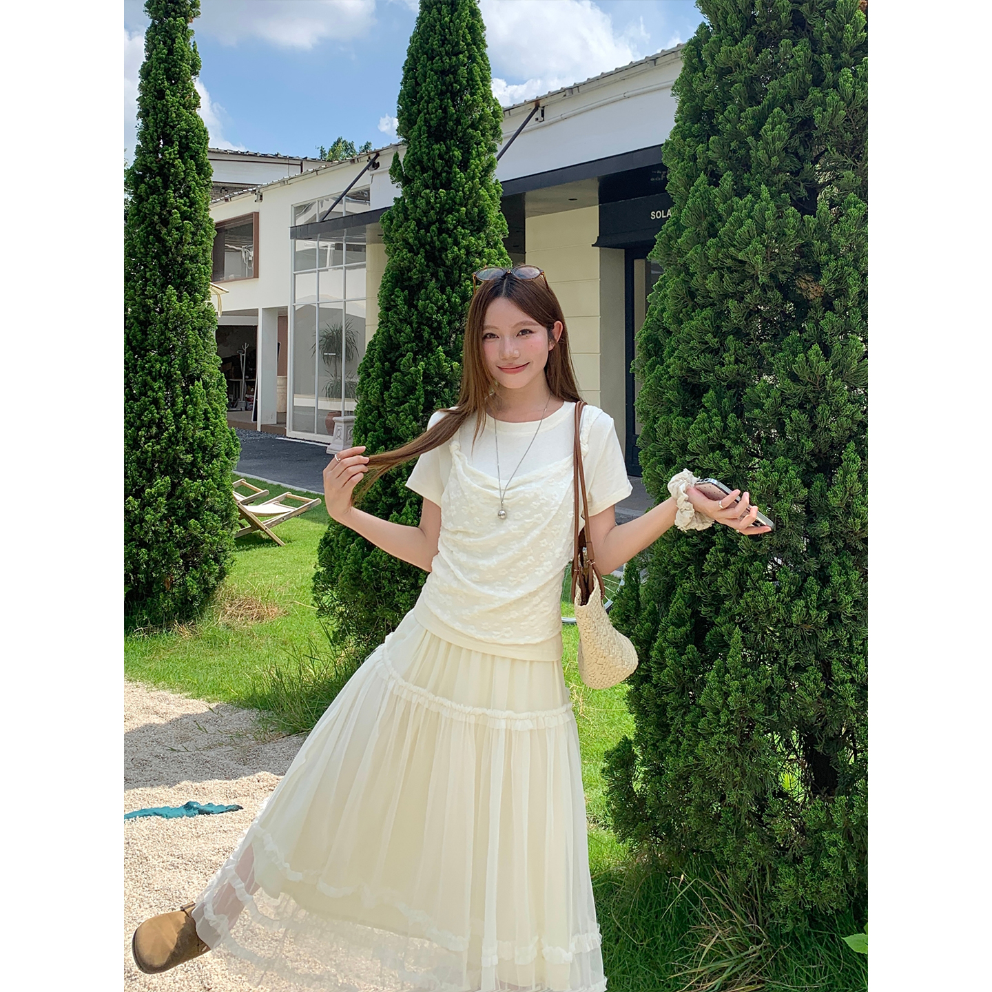 通勤氣質款假兩件短袖t恤女夏新款提花網紗拼接蕩領褶皺修身上衣
