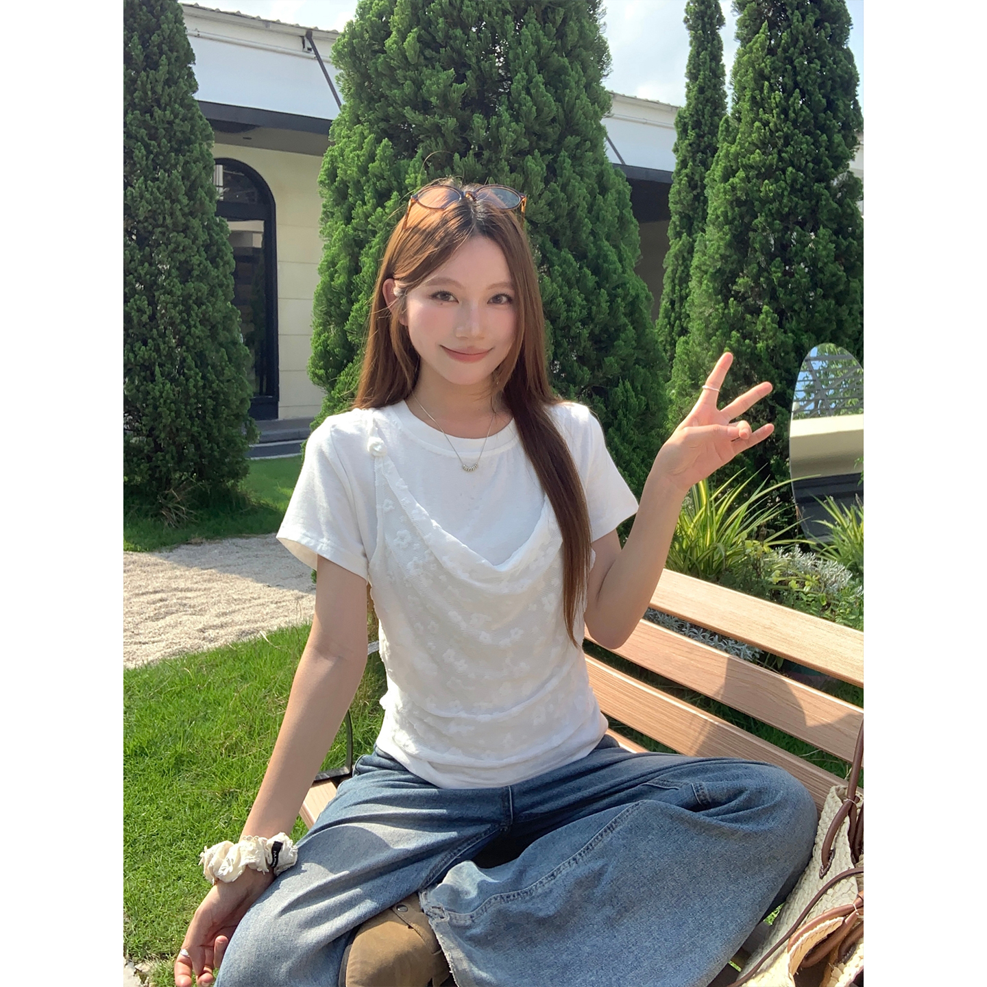通勤氣質款假兩件短袖t恤女夏新款提花網紗拼接蕩領褶皺修身上衣