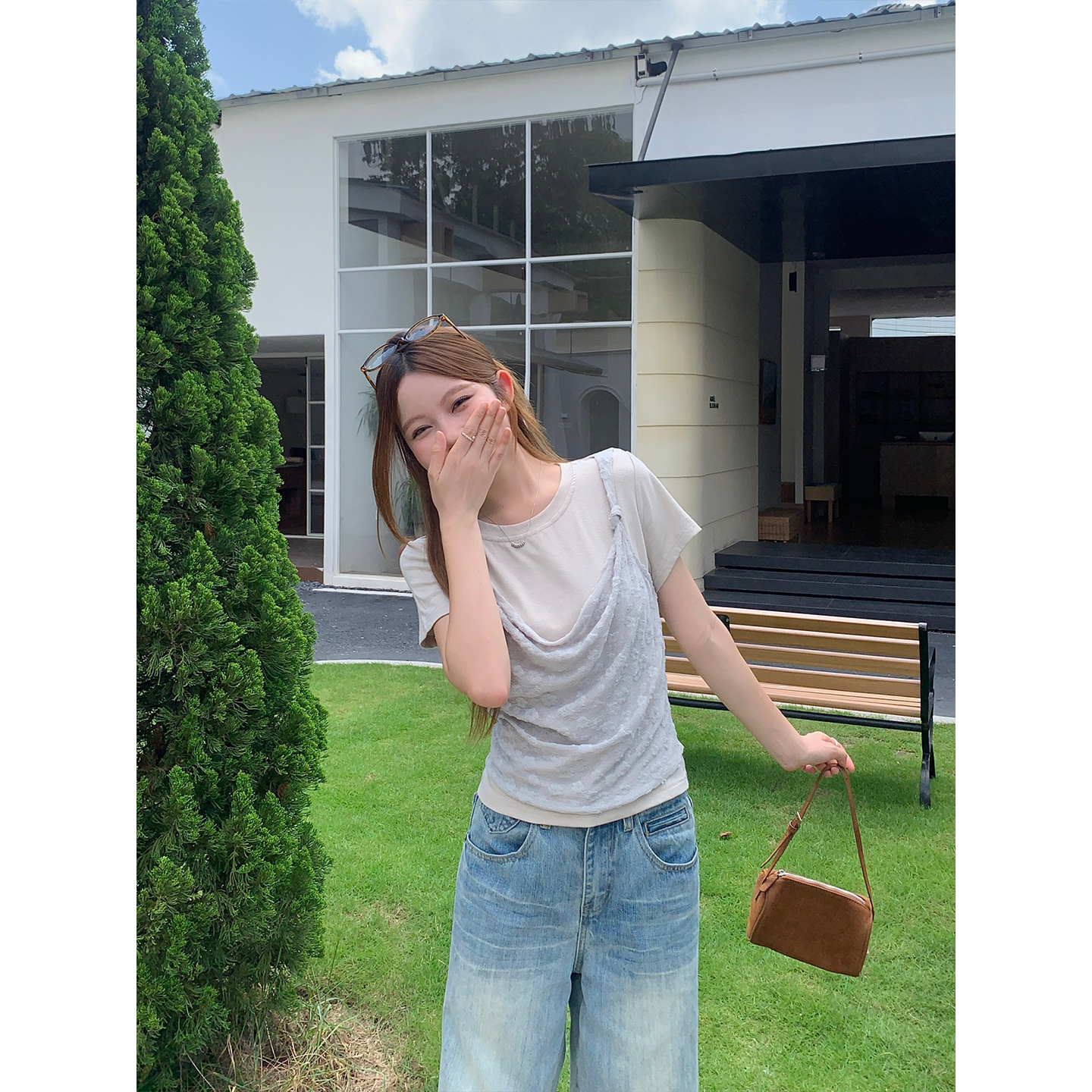 通勤氣質款假兩件短袖t恤女夏新款提花網紗拼接蕩領褶皺修身上衣
