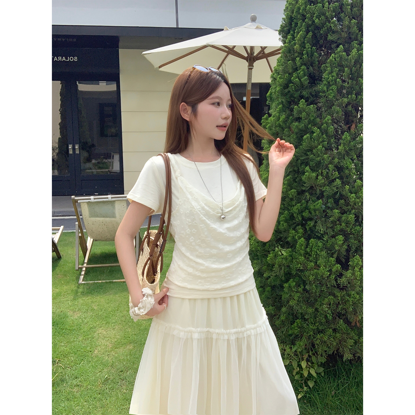 通勤氣質款假兩件短袖t恤女夏新款提花網紗拼接蕩領褶皺修身上衣