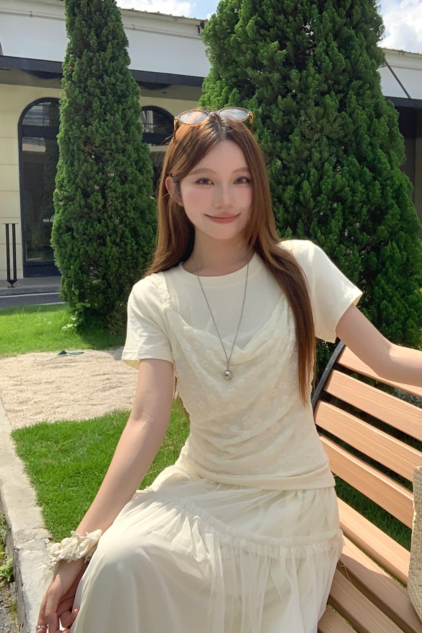 通勤氣質款假兩件短袖t恤女夏新款提花網紗拼接蕩領褶皺修身上衣