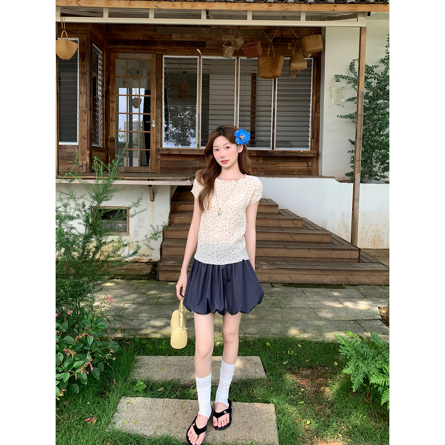法式波點肌理感短袖t恤女性夏季新款韓系木耳邊收口簡約通勤上衣