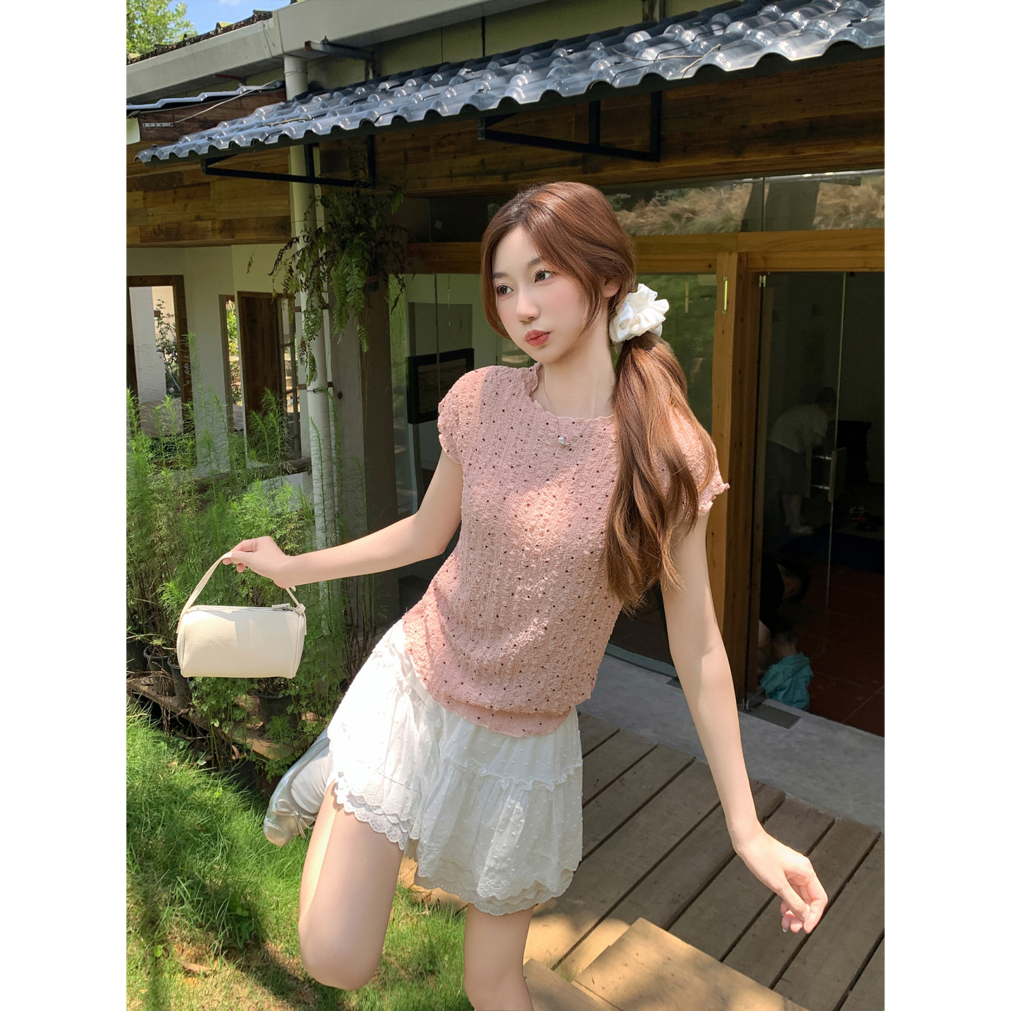 法式波點肌理感短袖t恤女性夏季新款韓系木耳邊收口簡約通勤上衣