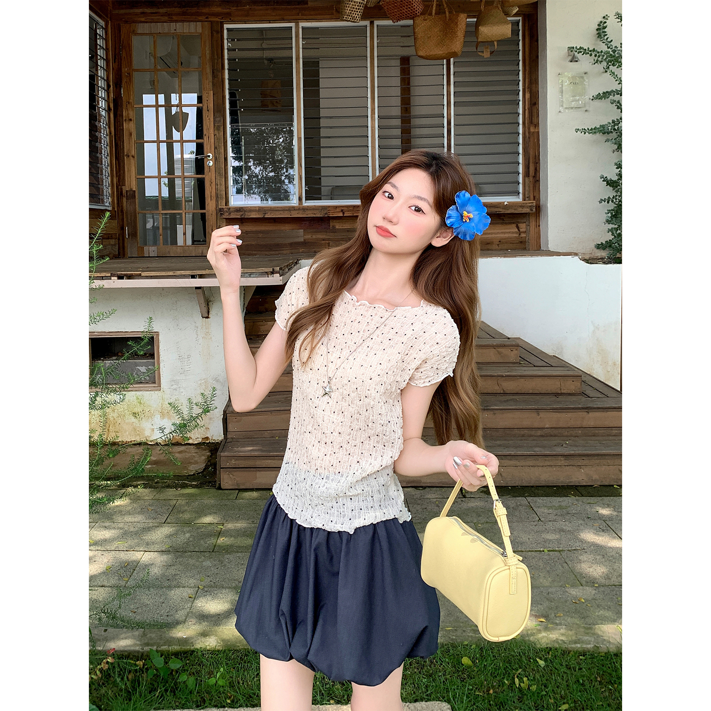 法式波點肌理感短袖t恤女性夏季新款韓系木耳邊收口簡約通勤上衣