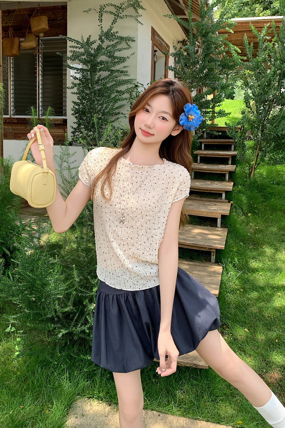 法式波點肌理感短袖t恤女性夏季新款韓系木耳邊收口簡約通勤上衣