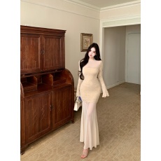 批发实拍实价<b class='q'>网纱</b>拼接蕾丝长袖连衣<b class='q'>裙</b>高级感收腰包臀鱼尾长<b class='q'>裙</b>