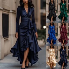 批发欧美独立站新款跨境亚马逊V领收腰荷叶边气质连衣裙