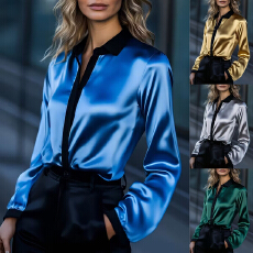 批发已出货 亚马逊独立站女装爆款 缎面拼色长袖上衣 <b class='q'>衬衫</b>