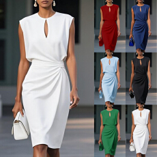 批发欧美亚马逊独立站 纯色褶皱收腰圆领镂空<b class='q'>连衣裙</b> 女装