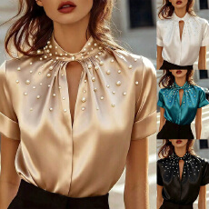 批发亚马逊独立站女装爆款 缎面短袖上衣 衬衫