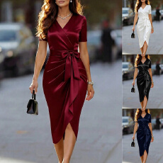 批发亚马逊独立站女装爆款 V领 蝴蝶结中长裙