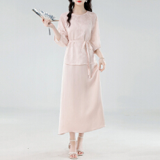 夏季新款仿真丝桑蚕丝连衣裙套装遮肉显瘦提花五分袖上衣通勤百搭