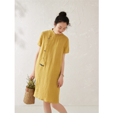 批发夏季新款黄色设计感<b class='q'>连衣裙</b>宽松版亚麻面料亲肤透气复古手工钉扣裙