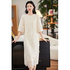 批发简漫柔软优雅重现重工镂空蕾丝 圆领宽松休闲中长款中袖<b class='q'>连衣裙</b>女