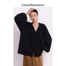 批发早秋大码黑色系系带单排扣小衫宽松遮肉灯笼袖中年气质V领上衣