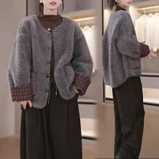 批发格子拼接皮毛一体毛毛外套女秋冬2025新款高级感短款上衣