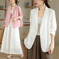 批发实拍亚麻西装女夏季新款文艺复古宽松防晒小<b class='q'>西服</b>春夏