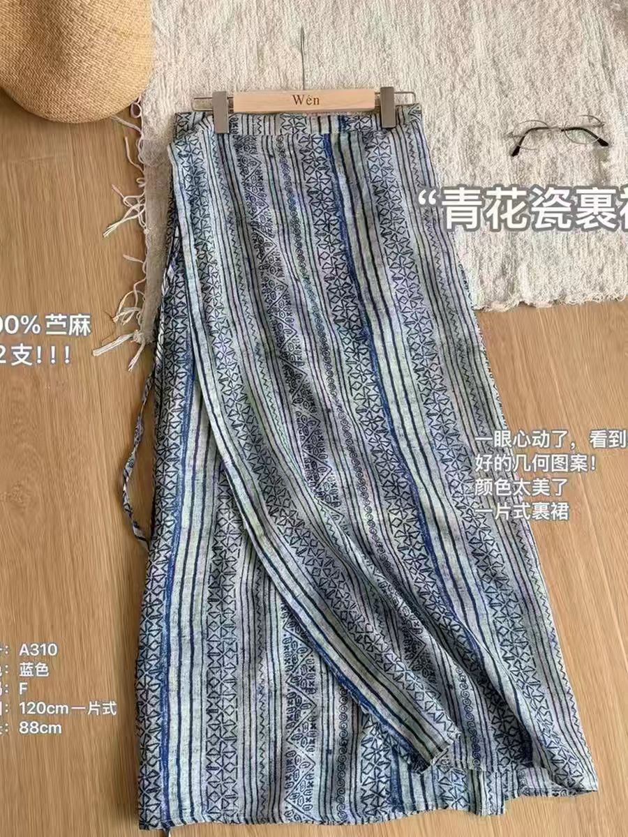 청화 백자 레트로 다용도 문예 하나 슬라이스 레이스업 포장 치마 반신 스커트