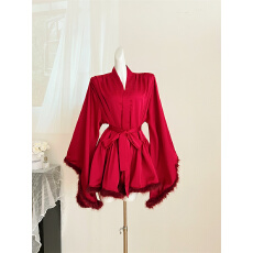 批发实拍高级感醋酸缎面红色睡裙女收腰系带短款宽袖毛毛睡袍结婚晨袍